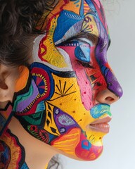 Portrait of a beautiful girl with creative make-up over grunge background. Close up portrait of a beautiful woman with multicolored face art. AWoman with half of her face adorned in vibrant