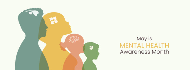Mental Health Awareness month Banner. Silhouettes of family members man woman children son and daughter. Informing about importance of good state of mind. Psychological well-being presentation