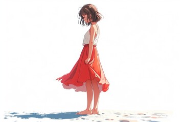 Anime cartoon girl barefoot in a red skirt