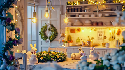 Interior of living room with Easter decorations. - obrazy, fototapety, plakaty