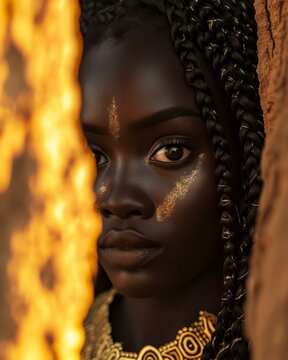Young Nigerian woman with rich, ebony skin, adorned in traditional attire, her eyes reflecting the vibrancy of her culture. The image is set against the backdrop of the iconic Zuma Rock/