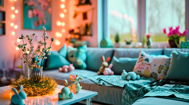 Interior of living room with Easter decorations.