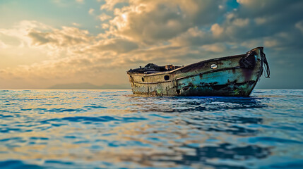 Lonely dilapidated boat on the lake