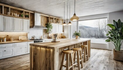 kitchen and room wallpaper Empty minimalist kitchen with scandinavian style with wooden and white details, luxury kitchen interior in white tone - obrazy, fototapety, plakaty