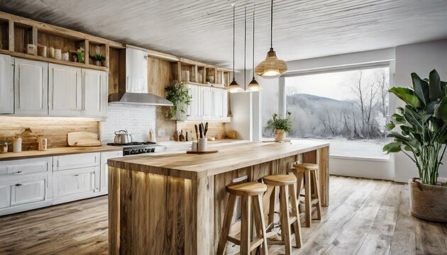 Fototapeta kitchen and room wallpaper Empty minimalist kitchen with scandinavian style with wooden and white details, luxury kitchen interior in white tone