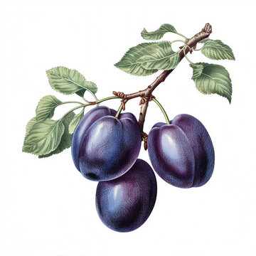 vintage art illustration of blue purple ripe plums hanging on branch, classic floral drawing