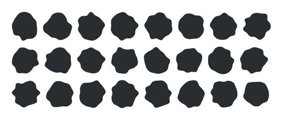 Collection of paint liquid black speech blotch spot irregular vector form isolated on transparent background, random cube drops simple elements, organic amoeba blob shape in modern style fluid dynamic - obrazy, fototapety, plakaty
