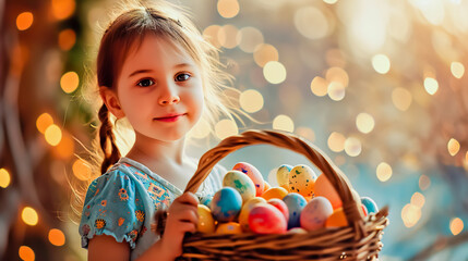Fototapeta na wymiar Sweet portrait of happy little girl holding wicker basket full of painted multi-colored Easter eggs.