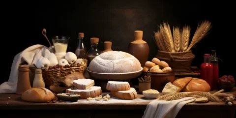 Foto op Plexiglas  A lot of different fresh baked bread products and deserts Baker house warm vibe freshly baked bread and pastries on a rustic table. © sumia