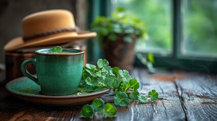 Warm drinks on the table in the morning during st patrick's celebration. - obrazy, fototapety, plakaty