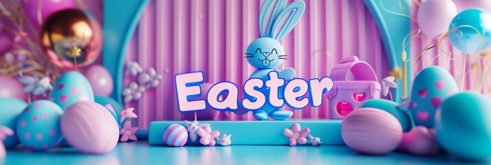 Easter 3D banner,bunny holding Easter letters against  decorated backdrop background Easter banner with easter eggs,3D illusion,digital manipulation,creative commons attribute, multi color, poet core - obrazy, fototapety, plakaty