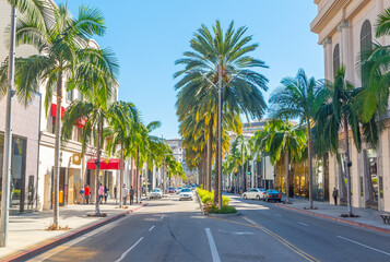 Stores and palm trees in world famous Rodeo Drive in Beverly Hills - obrazy, fototapety, plakaty