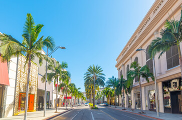 Luxury stores and palm trees in world famous Rodeo Drive in Beverly Hills - obrazy, fototapety, plakaty