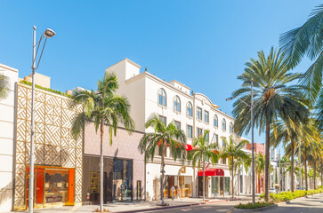 Luxury buildings and palms in world famous Rodeo Drive in Beverly Hills