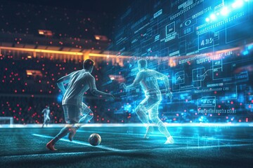 Football scene with soccer players at the stadium with technology analysis. Generative AI - 733060117