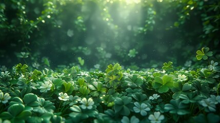 Fototapeta premium Clover in the forest with dramatic lightning. St Patrick's Day background