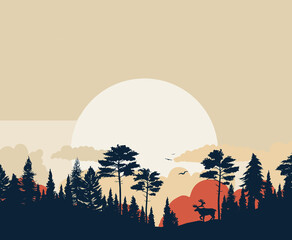 illustration d'un paysage avec un coucher de soleil sauvage dans un style graphique