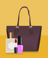 illustration simple flat design d'un sac à main et produits cosmétiques