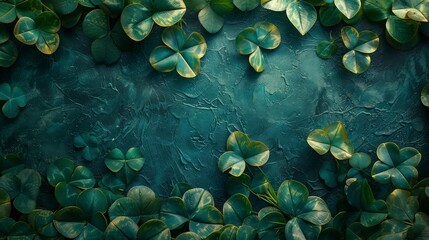 Fototapeta na wymiar Stack of clover leaves on dark wall background. St Patrick's Day background