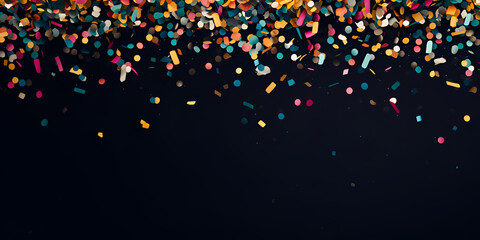  Black Friday sale banner with Bright confetti falling celebrating a vibrant glowing party A cascade of multicolored confetti falling against a black background capturing the joy and excitement.