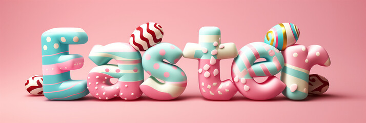 Easter 3D donuts style TEXT against the minimal backdrop background ai generated Easter banner with easter eggs ,3D illusion, digital manipulation, creative commons attribute, multi color, poet core - obrazy, fototapety, plakaty