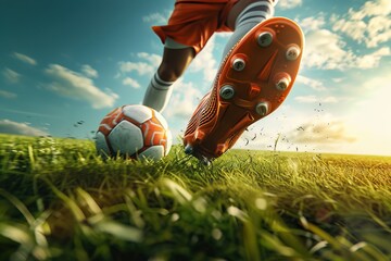 Soccer player ready to kick the soccerball in a field during a match. Generative AI - 733060931