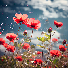 Red flowers images wit snow natural background - obrazy, fototapety, plakaty