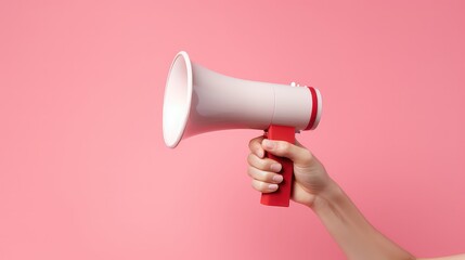 Female hand holding a white megaphone on a pink background.