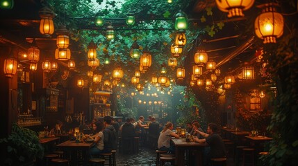 Obraz premium Gathering in Shamrock-Decorated Pub for St. Patrick's Day Celebration.