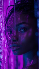 An african beautiful woman with nice manicures, Intricate vertical lines of purple and blue code cascade around her as holograms

