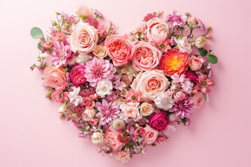 A heart made of colorful flowers on a pink background