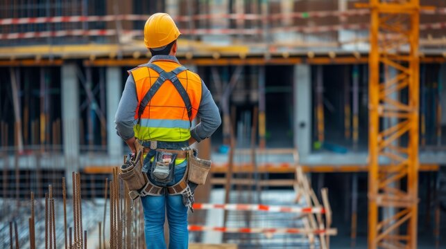 Worker and engineer collaborate at a busy construction site, ensuring safety with hardhats while engaging in architectural and engineering tasks amidst heavy machinery and a towering crane