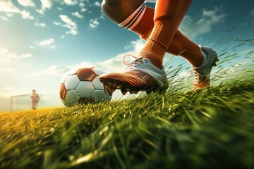 Soccer player ready to kick the soccerball in a field during a match. Generative AI - 733061905