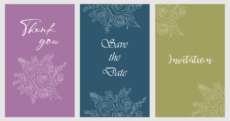 A set of three cards featuring line art rose flowers on a background of electric blue, grass, purple. Each card is adorned with a unique circular botanical pattern and handwritten font.