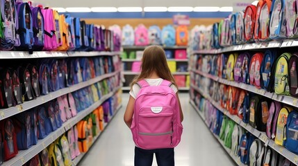Young girl selecting a pink backpack, colorful school supplies aisle