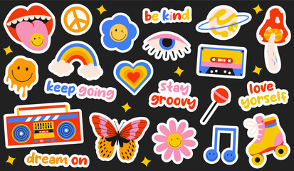 Sticker set of retro 70s groovy hippy elements. Cute colorful mushroom, butterfly, daisy flowers, heart, peace sign, rainbow, cassette tape etc isolated on black background.