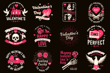 Set of vintage happy valentines day badge. Vector illustration. Template for Valentines Day greeting card, banner, poster, flyer with cupid holding bow, arrow, skeleton hand, rose and heart