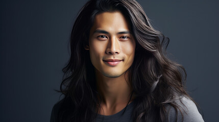 Fototapeta premium Elegant handsome smiling young Asian man with long hair, on grey, banner, copy space, portrait.