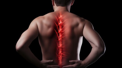 spine of man with back pain against dark background