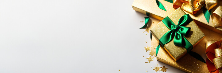 Gift in gold paper with green bow