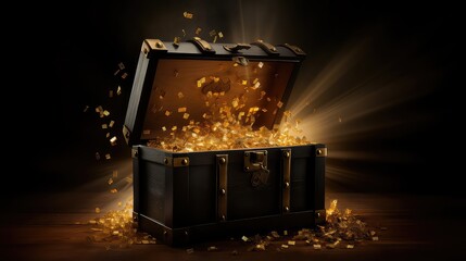 Treasure chest with golden light and dark background. - obrazy, fototapety, plakaty