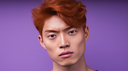 Elegant handsome young male Asian guy with short red hair, on purple background, banner, copy space, portrait.