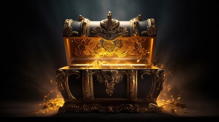Open treasure chest with golden crown and gold splashes on black background