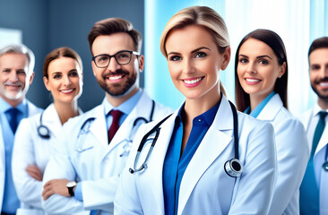 Fototapeta premium A group of scientists are standing in the hospital corridor and rejoicing after a successful operation. cheerful and successful scientists.