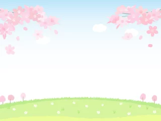 Foto op Canvas 桜と青空と草原　のどかな景色の背景素材  © aru