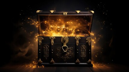 Treasure chest with golden light and dark background.