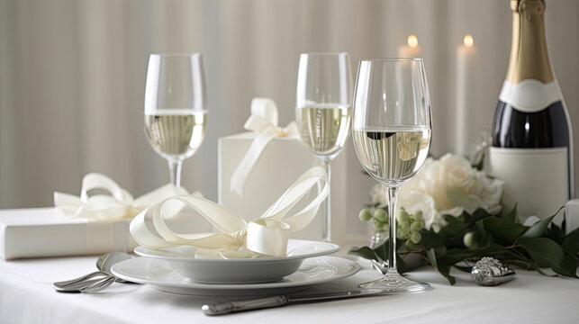 Sophisticated wedding table setting with champagne and a floral arrangement