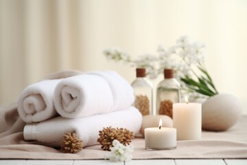 Fototapeta na wymiar Beautiful spa treatment composition incorporating towels, candles, bottles with herbs on light background