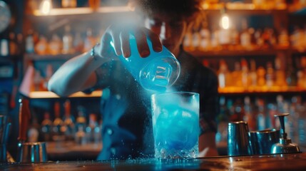 Crop male bartender holding glass and looking down while pouring blue colored cocktail on ice in transparent glass and spraying on bar counter against blurred shelves with bottles