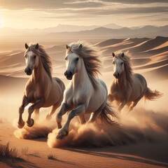 Obraz na płótnie Canvas Three wild horses running through desert landscape